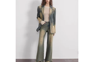 New Popular Women's Vintage Denim Jacket Pants Fashion Set Suit Wide Shoulder Blazer High-Waisted Trousers Two-Piece Set