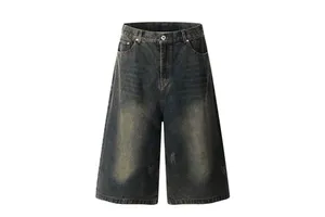 Custom Logo Men's Casual Mid Waist Denim Jeans Shorts Button Decoration Straight Raw 100% Cotton Distressed WASHED Elastic Waist