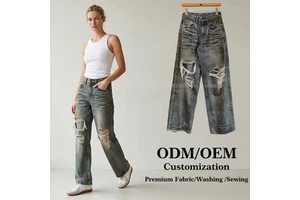 OEM Custom Vintage Muddy Washed Ripped Jeans Women High Waist Distressed Denim Pants Y2K Streetwear Loose Straight Leg Trousers