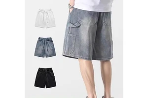 Summer Vintage Men's Denim Half Pants-jorts Mid Waist Baggy Work Shorts With Patchwork Design Loose Streetwear Style