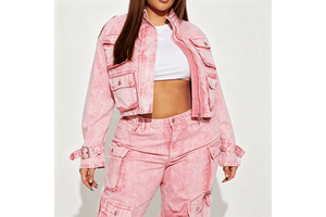 Custom Plus Size Acid Wash Denim Cargo Jacket Women Pink Tie Dye Cropped Utility Zip Front Stand Collar Y2K Streetwear Regular