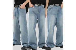 HONFIT Men's Light Wash Denim Jeans with Screen Print Comfort Loose Wide-Leg Pants Casual Streetwear Trousers for B2B Bulk Order