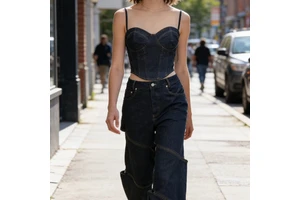 Women's Denim Set Two Piece Retro Dark Wash Denim Corset Top & Deconstructed Layered Wide Leg Pants Set