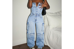 Trendy Retro High Street Style Women's Denim Strapless Jumpsuit Casual Cargo Pants Cinched Waist Sexy Overalls for Summer Washed