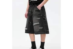 Custom High Quality Vintage Mid-rise Men's Denim Shorts Straight Button Distressed Acid-washed Trendy Jeans