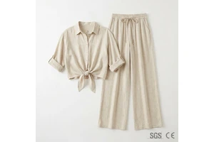 55 Linen 45 Viscose Casual 2 Piece Pant Set Women Wide Leg Trouser Short Sleeve Shirt Resort Wear Summer Custom OEM Plus Size