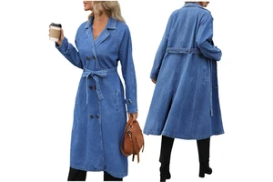 Y218787 Trendy Long Denim Jacket Women Long Sleeve Suit V-neck Double Breasted Women's Denim Jackets Coats Windbreaker with Belt