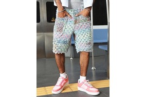 DiZNEW Men's Denim Shorts Mens Distressed Denim Shorts Elastic Waistband Drawstring Washed Frayed Hem Oversized