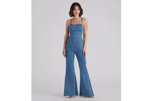 New Autumn Custom Printed Logo Women's Clothing Sexy Skinny Open Back Cross Halter Top Casual Overall Jeans Jumpsuit Denim Women