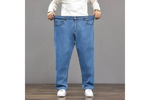 Men's Plus Size Oversized Jeans Loose Fit Men's Lightweight Summer Jeans Straight-Pattern Stretch Casual Pants