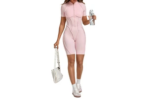 Women's New Sports Jumpsuit Workout Sportwear Lined Quick Dry Yoga Suit Running Fitness V-neck Back Short Sleeve