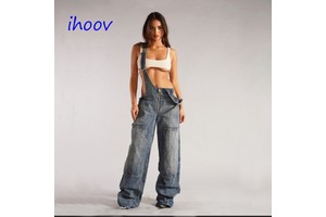 Women's Loose Fit Denim Overalls Jumpsuits Summer Breathable Cargo Pants with Digital Print for Comfort and Style