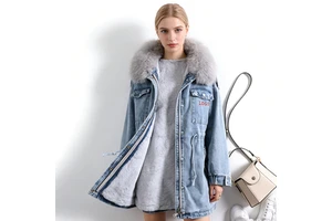 Factory Custom Stylish Women Winter Jean Jackets Women's Long Casual Coat Breathable Cotton Crocheted Winter Coat Fur Collar