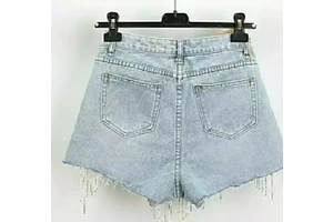 Women's High Waist Denim Shorts Asymmetric Tassel Distressed Washed Cotton Casual Summer Shorts