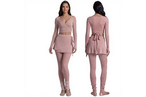 Women's Solid Color Fitness Sports Suit, Long Sleeve Crop Top, Tie-up Skirt, Leggings, 3-Piece Yoga Set, Quick-Dry Clothes