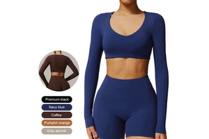 Women Workout Seamless Open Front Crop Top Long Sleeve Padded Sport Low Medium Impact Sexy Slim Fit Yoga Shirt with Built in Bra
