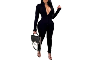 Fashion Solid Color Zipper Stand-Up Collar Sport Women Bodysuit Playsuit One Piece Jumpsuit
