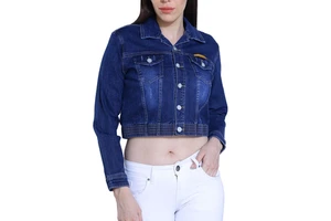 Wholesale long sleave Jean Cropped Plus Size Women's Denim Jacket botton Belt Lock Short Jean dark blue Women's Denim Jacket
