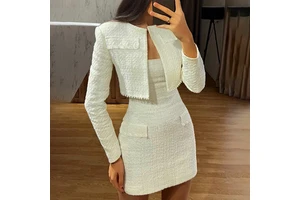 Women's Solid Nonwoven Elegant Pearl Collarless Beading Casual Long Sleeve Satin Eco-Friendly Coat Top Skirt 2-Piece Set