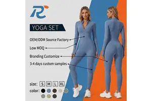 Long Sleeve Yoga Jumpsuit With Thumb Holes Front Zipper One Piece Fitness Bodysuit Bodycon Gym Romper Workout Sportswear