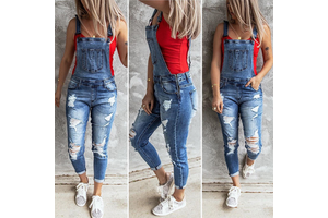 Women Ripped Denim Overalls Slim Fit Suspender Pants Distressed Jean Jumpsuit Side Zipper Dungarees Skinny Streetwear Jumpsuit