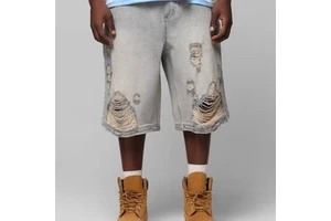 Custom Design Jeans Shorts Men Distressed Old Washed Jorts Vintage Blue Denim Shorts