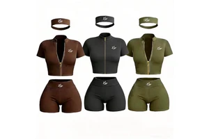 Women Summer Clothes 3 Piece Shorts Set Custom Workout Sets Zip Up Short Sleeve Jacket And Shorts Set Tracksuit For Women