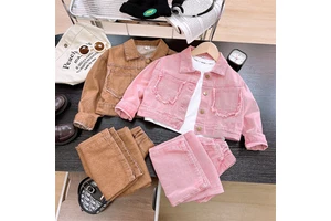 2026 New Spring And Summer Baby Girl Clothing Set Fashionable Denim Jacket With Wide-Leg Pants Two-Piece Set