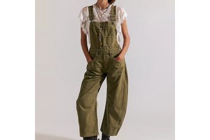 Women's Olive Green Denim Overalls Mid Waist Loose Fit Vintage Casual Wide Leg Bib Jumpsuit Solid Color Cotton Spring Dungarees