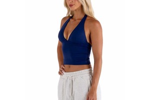 Classic Design Women Active Deep V Halter Neck 4-Way Stretch Yoga Wear Open Back Sculpting Soft Fitness Removable Pads Tank Top