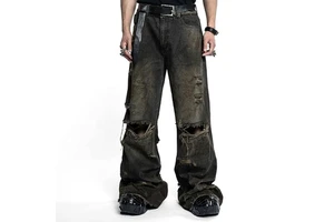 Custom Flare Straight Fit Baggy Leg Distressed Denim Jeans Men