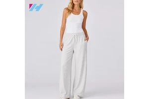 Women Grey Sweatpants Wide Leg Elastic Waist Drawstring Soft Knit Pants OEM Custom