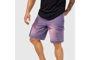 Men's Denim Cargo Shorts Low Waist Stonewashed Cotton Casual Bermuda Style Drawstring Closure Printed Pattern Eco-Friendly Quick