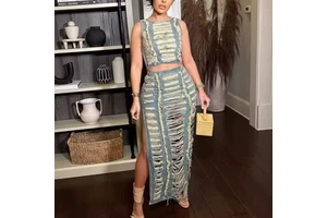 Women's Denim Suit Women's Fashion Handmade Distinctive Abraded Vest High Opening Denim Skirt Suit