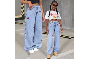 Adorable Tween Girl's Blue Jeans Elastic Waist Cherry Embroidery Denim Pants Children's Comfortable Casual Pants Customizable