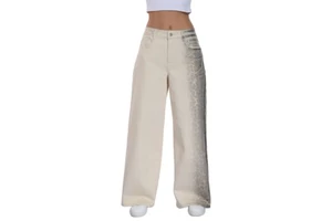 Women Embossed Leopard jeans Wide Leg Stretch Denim Jeans Washed Fashion Trousers for women