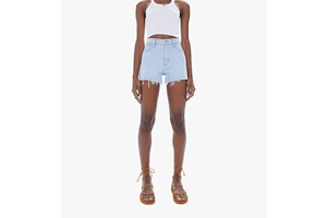 Light Blue Wash Relaxed High Rise Jeans Shorts Button Fly Frayed Hem Ripped Women Jeans Denim Shorts