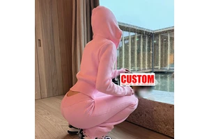 Custom Women Pink 2 Piece Set Knit Zip Hoodies Crop Tracksuits Bodysuit Knit Pants Form-fitting Tracksuit Pants Sets