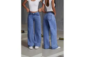 Women's Elastic Low Waist Loose Straight Full Length Soft Jeans