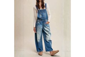 2026 New Women Vintage Washed Denim Overalls Cross Back Strap Loose Wide Leg Jumpsuit With Multi Pockets