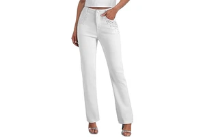 Viral White Women's Straight Leg Denim Jeans with Breathable Sexy Design High Waist Pearl Pocket Accents for Summer Outdoor Wear