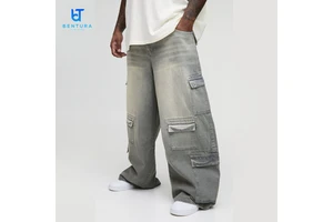 OEM Custom Men's Casual High Quality Multi-pocket Washed Wide-leg Jeans Plus Size Denim Pants Baggy Jeans
