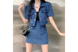 2025 New Autumn Fashion Retro Short Denim Jacket Suit High Waist Slim Pleated Skirt Denim Cardigan Two-piece Suit for Women