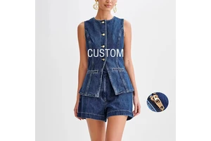 Elegant Denim Button Down Sleeveless Jacket and Shorts Suit Sets for Women Jean Two Piece Set Outfits