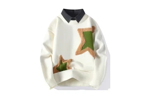Custom Men's Two-fake items Collar Knit Fluffy Star Patch Drop Shoulder Long Sleeve Street Daily Campus Pullover Sweater