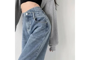 Wholesale New Fashion Women Denim Jeans Slant Waist Button Wide Leg Straight Retro Trousers Pants Street Girls Casual Jeans