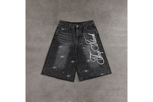 Custom Supplier OEM Mens Rhinestone Embroidered Jorts Script Letter Denim Shorts Loose Fit Streetwear