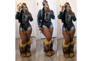 New Trendy Women's Denim Suit Stretch Crop Jacket and Short Jeans Sets Lady Casual Streetwear Two Piece Denim Shorts Sets Women