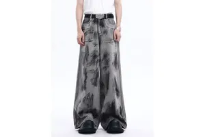 Plus Size Men Vintage Gothic Stonewashed Wide Leg Denim Jeans Loose Fit Waterproof Breathable 100% Cotton Spring Winter