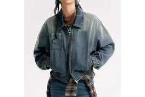 LARSUR Custom Factory Distress Wash Bomber Denim Jacket Zipper Casual Cropped Jeans Jacket and Coat for Women